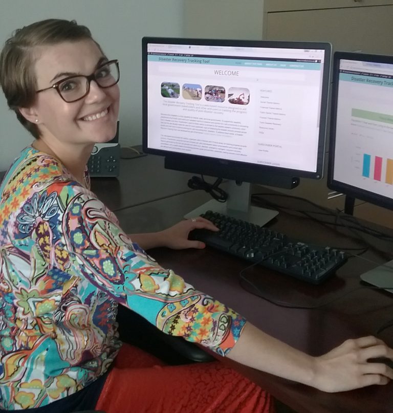 Katie Kirsch, a research associate working with Dr. Jennifer Horney at Texas A&M University, works on the Disaster Recovery Tracking Tool website.