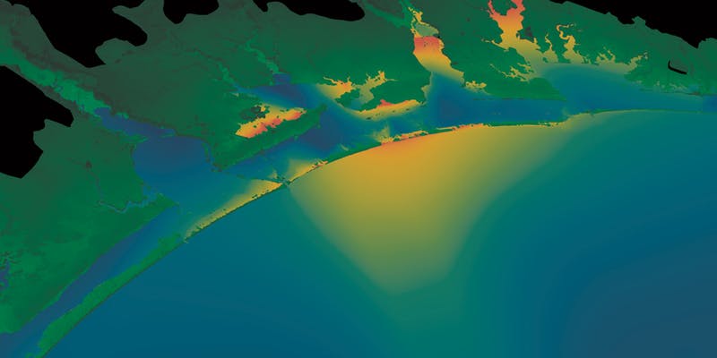A simulation of storm surge on the North Carolina coast is generated by the ADCIRC model, part of the ADCIRC Prediction System™. Image submitted by Jason Fleming.
